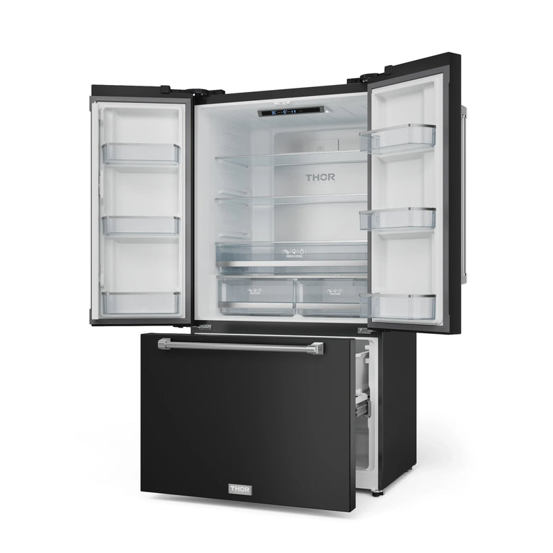 Gordon Ramsay by Thor Kitchen 3-Piece Appliance Package - 48-Inch Gas Range with Double Oven, 36-Inch Refrigerator, and Dishwasher in Black with Stainless Steel Trim