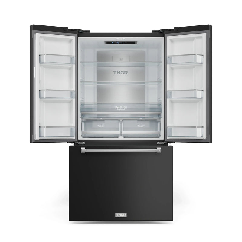 Gordon Ramsay by Thor Kitchen 3-Piece Appliance Package - 48-Inch Gas Range with Liquid Propane Kit with Double Oven, 36-Inch Refrigerator, and Dishwasher in Black with Stainless Steel Trim