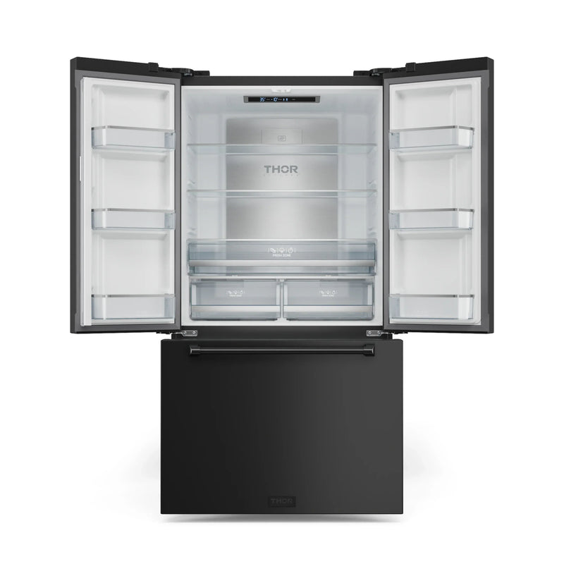 Gordon Ramsay by Thor Kitchen 3-Piece Appliance Package - 36-Inch Gas Range with Liquid Propane Kit, Tilt Panel, 36-Inch Refrigerator, and Dishwasher in Black