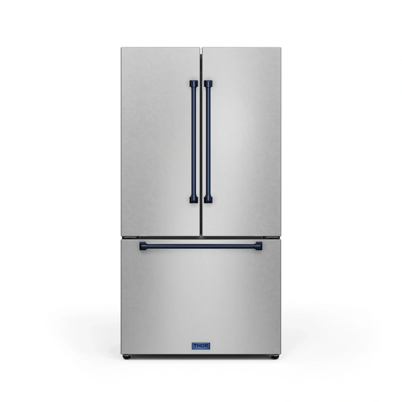Gordon Ramsay by Thor Kitchen 3-Piece Appliance Package - 30-Inch Gas Range with Liquid Propane Kit, Tilt Panel, 36-Inch Refrigerator, and Dishwasher in Stainless Steel with Blue Trim