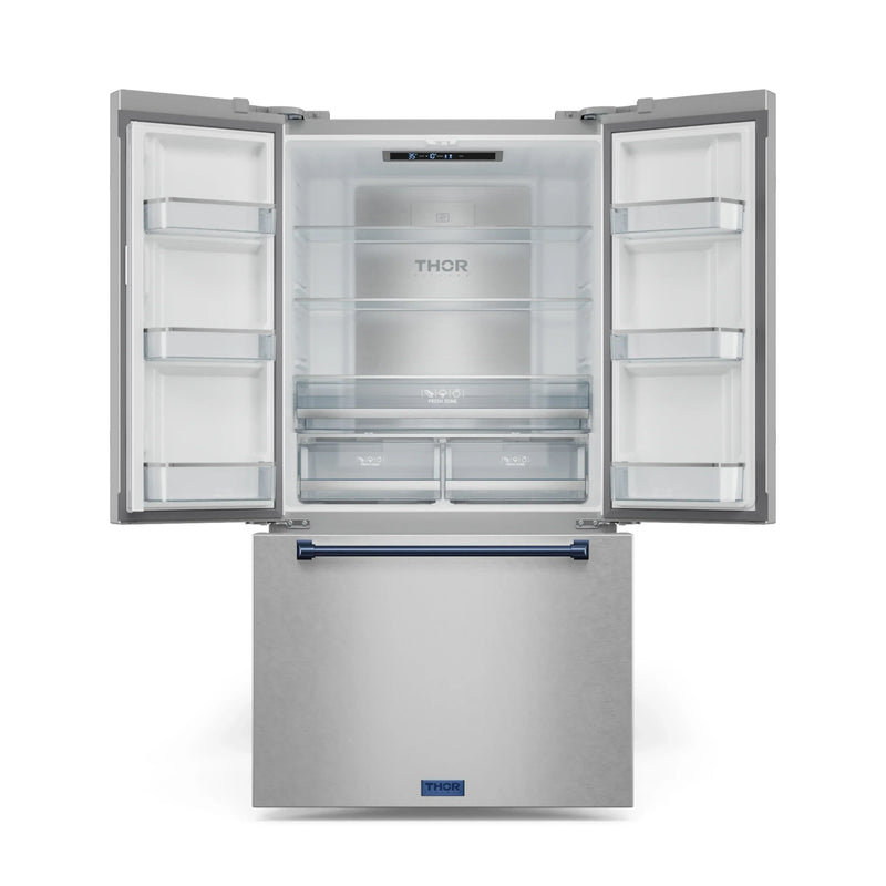 Gordon Ramsay by Thor Kitchen 3-Piece Appliance Package - 30-Inch Gas Range with Liquid Propane Kit, Tilt Panel, 36-Inch Refrigerator, and Dishwasher in Stainless Steel with Blue Trim