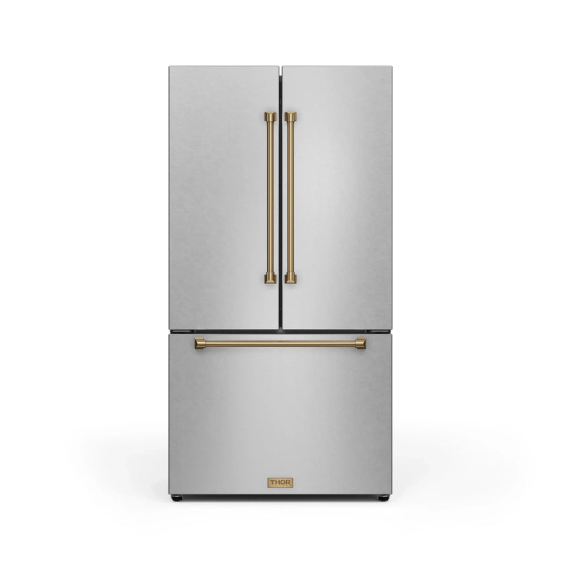 Gordon Ramsay by Thor Kitchen 3-Piece Appliance Package - 30-Inch Gas Range with Liquid Propane Kit, Tilt Panel, 36-Inch Refrigerator, and Dishwasher in Stainless Steel with Bronze Trim