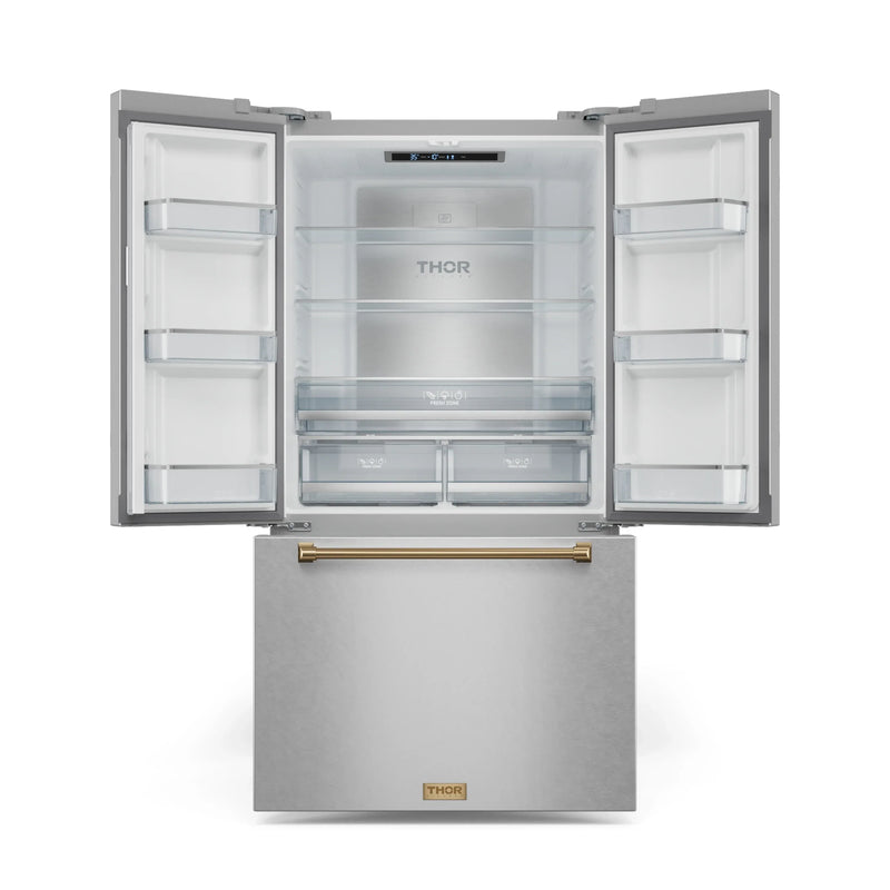 Gordon Ramsay by Thor Kitchen 3-Piece Appliance Package - 48-Inch Gas Range with Double Oven, 36-Inch Refrigerator, and Dishwasher in Stainless Steel with Bronze Trim