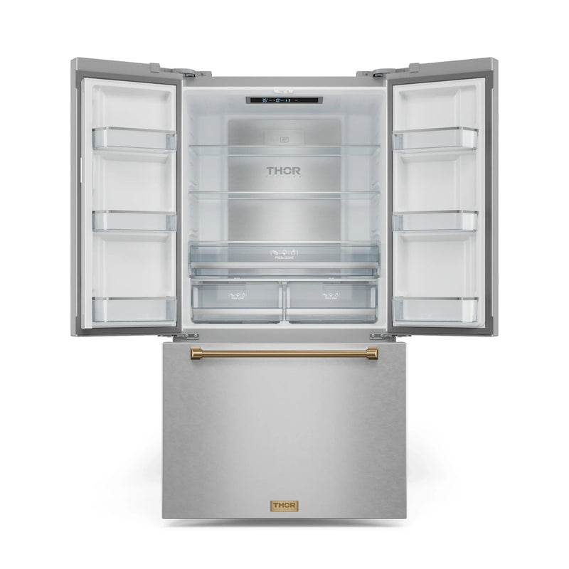 Gordon Ramsay by Thor Kitchen 3-Piece Appliance Package - 30-Inch Gas Range with Liquid Propane Kit, Tilt Panel, 36-Inch Refrigerator, and Dishwasher in Stainless Steel with Bronze Trim