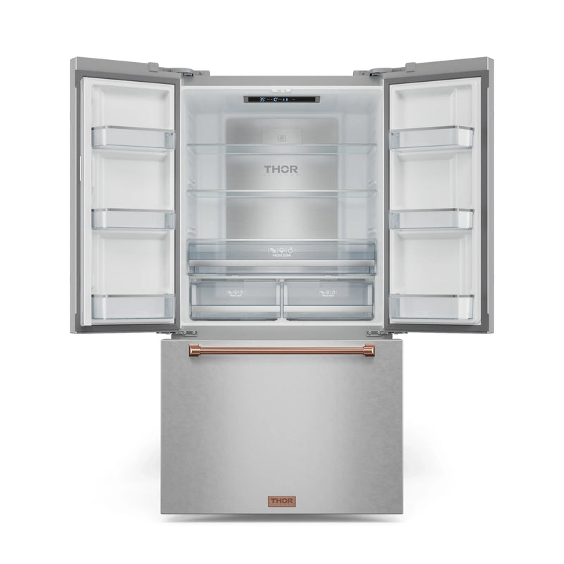 Thor Kitchen Gordon Ramsay 3-Piece Appliance Package - 30-Inch Electric Range with Tilt Panel Touch Control, 36-Inch Refrigerator, and Dishwasher in Stainless Steel with Rose Gold Trim