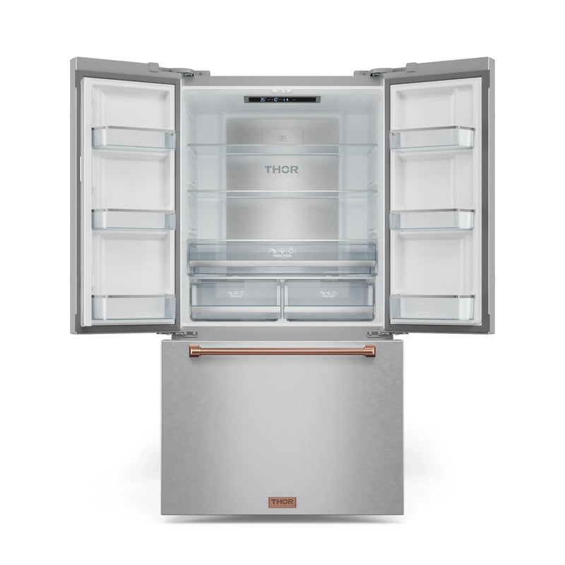 Gordon Ramsay by Thor Kitchen 3-Piece Appliance Package - 30-Inch Gas Range with Liquid Propane Kit, Tilt Panel, 36-Inch Refrigerator, and Dishwasher in Stainless Steel with Rose Gold Trim