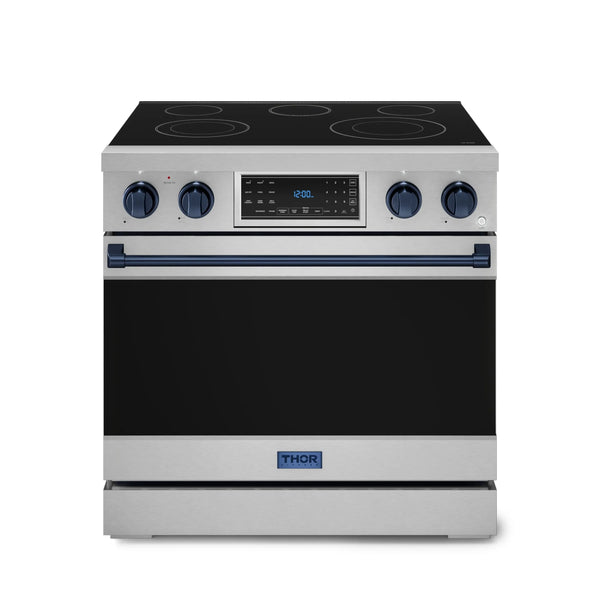 Thor Kitchen Gordon Ramsay Series 36-Inch Professional Electric Range with Tilt Panel Touch Control in Stainless Steel with Navy Blue Trim (RSE36-BLU)