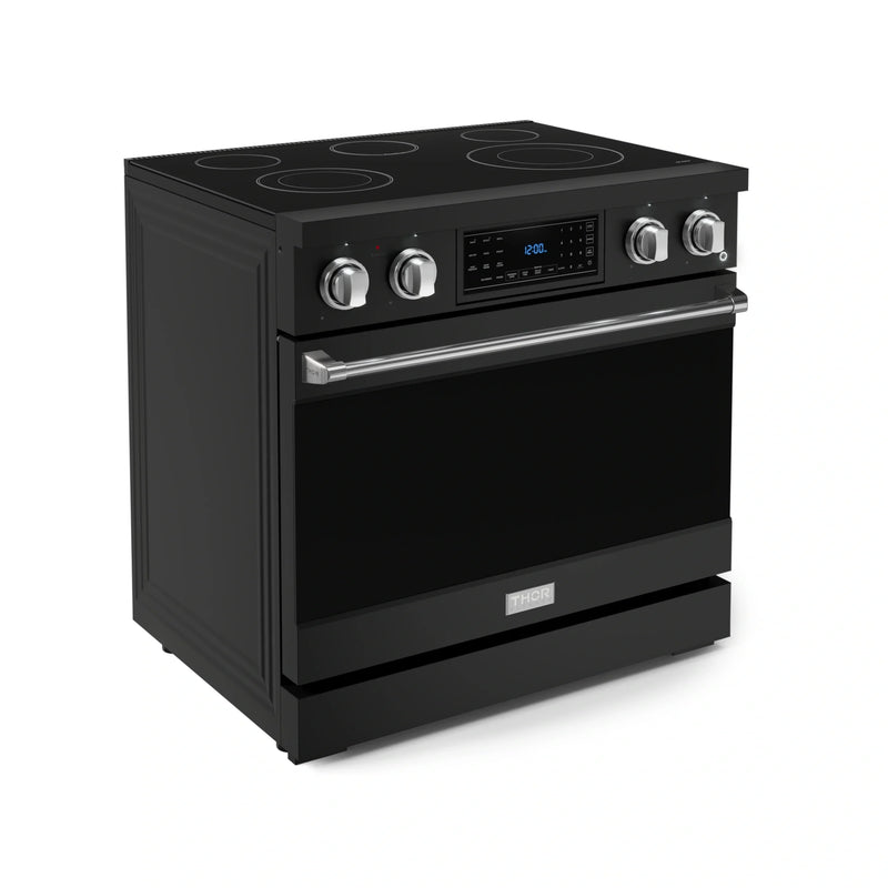 Gordon Ramsay by Thor Kitchen 3-Piece Appliance Package - 36-Inch Electric Range with Tilt Panel Touch Control, 36-Inch Refrigerator, and Dishwasher in Black with Stainless Steel Trim
