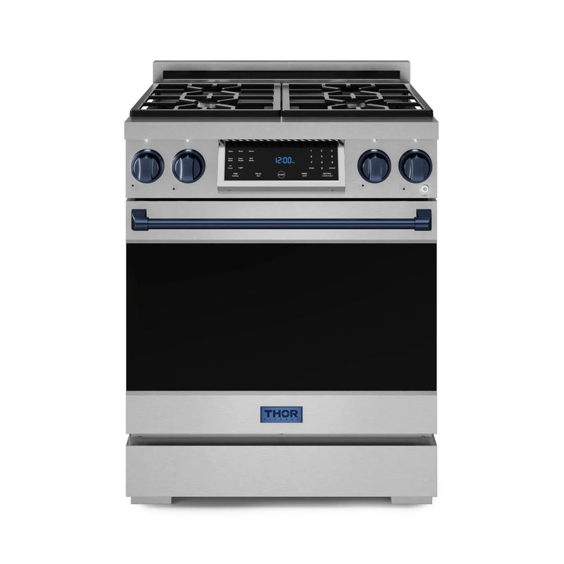 Gordon Ramsay by Thor Kitchen 3-Piece Appliance Package - 30-Inch Gas Range with Liquid Propane Kit, Tilt Panel, 36-Inch Refrigerator, and Dishwasher in Stainless Steel with Blue Trim