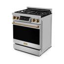 Gordon Ramsay by Thor Kitchen 3-Piece Appliance Package - 30-Inch Gas Range with Liquid Propane Kit, Tilt Panel, 36-Inch Refrigerator, and Dishwasher in Stainless Steel with Bronze Trim