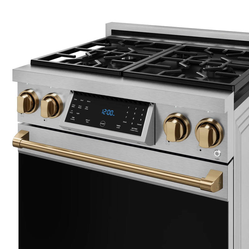 Gordon Ramsay by Thor Kitchen 3-Piece Appliance Package - 30-Inch Gas Range with Liquid Propane Kit, Tilt Panel, 36-Inch Refrigerator, and Dishwasher in Stainless Steel with Bronze Trim