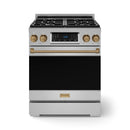 Gordon Ramsay by Thor Kitchen 3-Piece Appliance Package - 30-Inch Gas Range with Liquid Propane Kit, Tilt Panel, 36-Inch Refrigerator, and Dishwasher in Stainless Steel with Bronze Trim