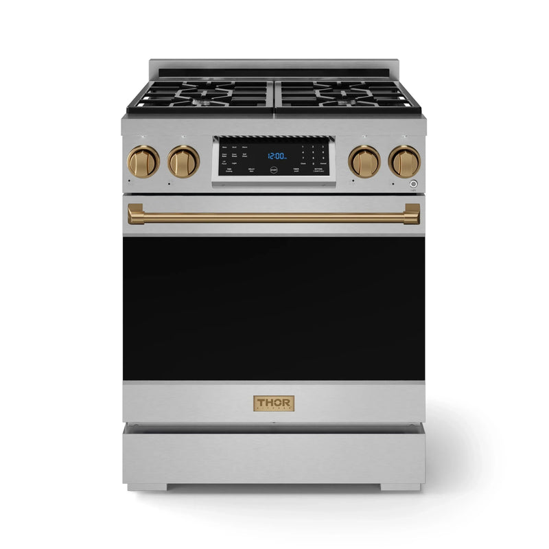 Gordon Ramsay by Thor Kitchen 3-Piece Appliance Package - 30-Inch Gas Range with Liquid Propane Kit, Tilt Panel, 36-Inch Refrigerator, and Dishwasher in Stainless Steel with Bronze Trim