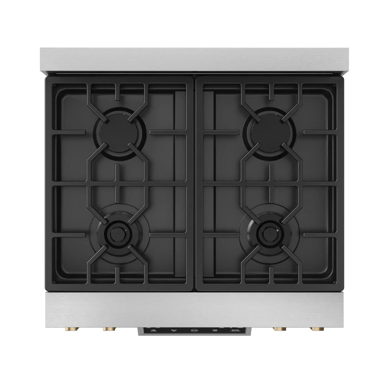 Gordon Ramsay by Thor Kitchen 3-Piece Appliance Package - 30-Inch Gas Range with Liquid Propane Kit, Tilt Panel, 36-Inch Refrigerator, and Dishwasher in Stainless Steel with Bronze Trim