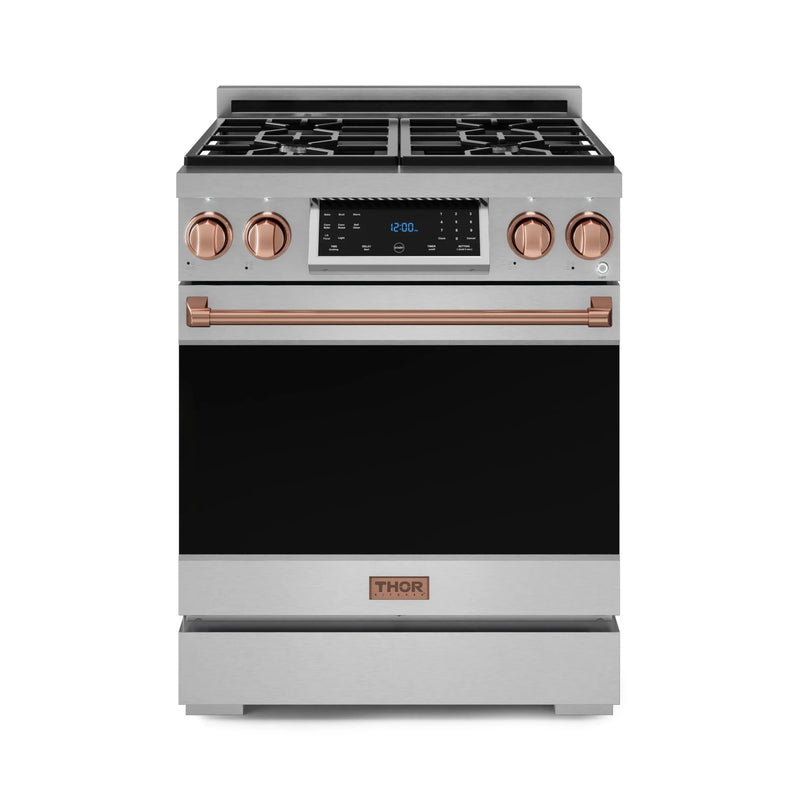 Gordon Ramsay by Thor Kitchen 3-Piece Appliance Package - 30-Inch Gas Range with Liquid Propane Kit, Tilt Panel, 36-Inch Refrigerator, and Dishwasher in Stainless Steel with Rose Gold Trim