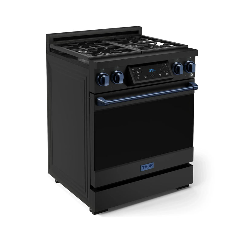 Gordon Ramsay by Thor Kitchen 3-Piece Appliance Package - 30-Inch Gas Range with Liquid Propane Kit, Tilt Panel, 36-Inch Refrigerator, and Dishwasher in Black with Blue Trim