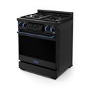 Gordon Ramsay by Thor Kitchen 3-Piece Appliance Package - 30-Inch Gas Range with Liquid Propane Kit, Tilt Panel, 36-Inch Refrigerator, and Dishwasher in Black with Blue Trim