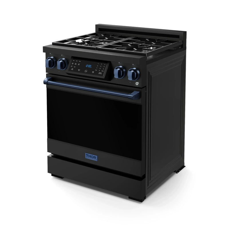Gordon Ramsay by Thor Kitchen 3-Piece Appliance Package - 30-Inch Gas Range with Liquid Propane Kit, Tilt Panel, 36-Inch Refrigerator, and Dishwasher in Black with Blue Trim