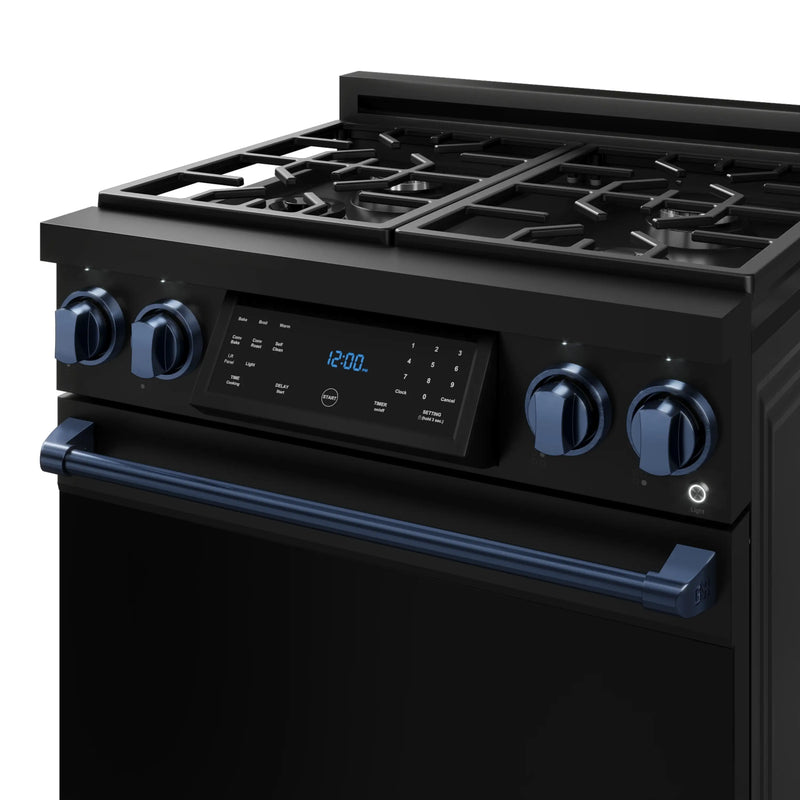 Gordon Ramsay by Thor Kitchen 3-Piece Appliance Package - 30-Inch Gas Range with Liquid Propane Kit, Tilt Panel, 36-Inch Refrigerator, and Dishwasher in Black with Blue Trim