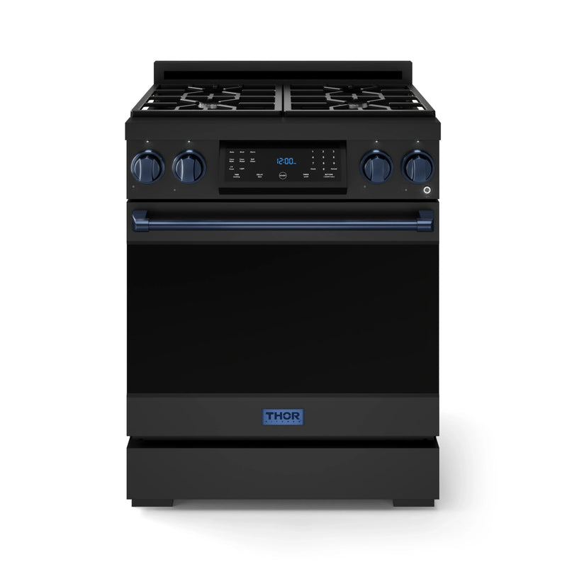 Gordon Ramsay by Thor Kitchen 3-Piece Appliance Package - 30-Inch Gas Range with Liquid Propane Kit, Tilt Panel, 36-Inch Refrigerator, and Dishwasher in Black with Blue Trim