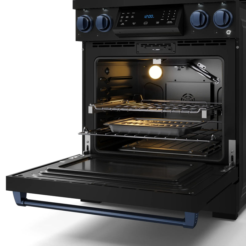 Gordon Ramsay by Thor Kitchen 3-Piece Appliance Package - 30-Inch Gas Range with Liquid Propane Kit, Tilt Panel, 36-Inch Refrigerator, and Dishwasher in Black with Blue Trim