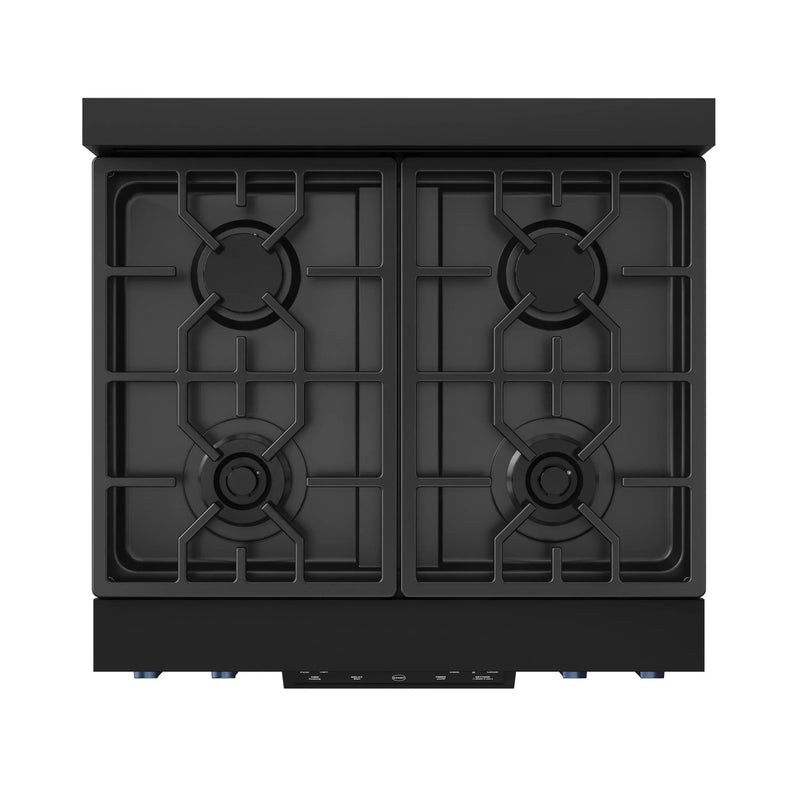 Gordon Ramsay by Thor Kitchen 3-Piece Appliance Package - 30-Inch Gas Range with Liquid Propane Kit, Tilt Panel, 36-Inch Refrigerator, and Dishwasher in Black with Blue Trim