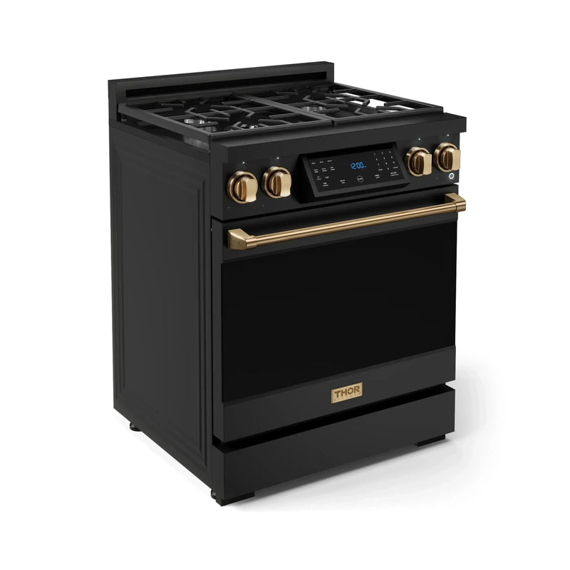 Gordon Ramsay by Thor Kitchen 3-Piece Appliance Package - 30-Inch Gas Range with Liquid Propane Kit, Tilt Panel, 36-Inch Refrigerator, and Dishwasher in Black with Bronze Trim