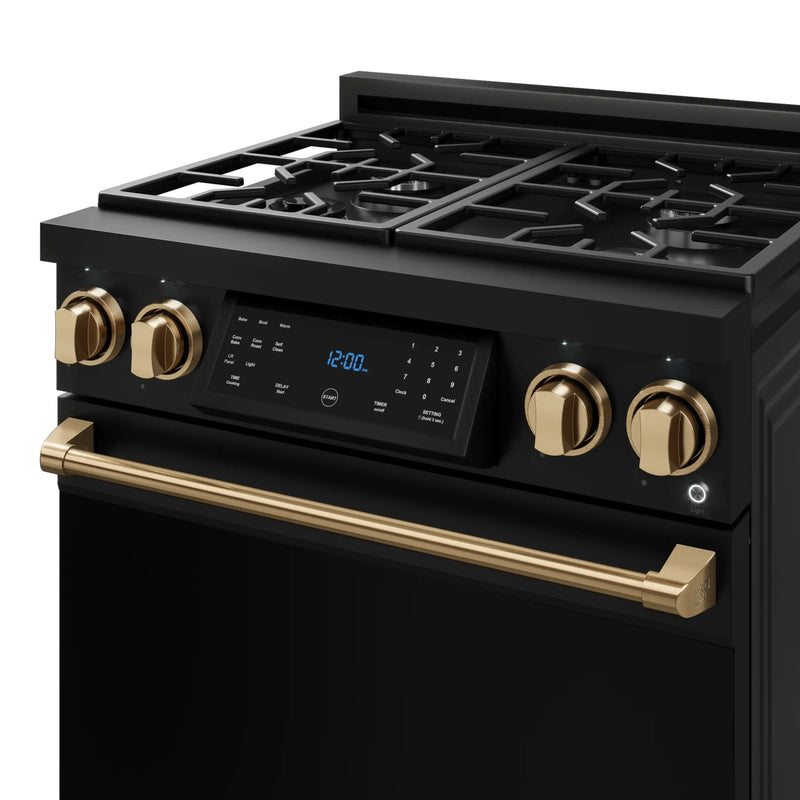 Gordon Ramsay by Thor Kitchen 3-Piece Appliance Package - 30-Inch Gas Range with Liquid Propane Kit, Tilt Panel, 36-Inch Refrigerator, and Dishwasher in Black with Bronze Trim
