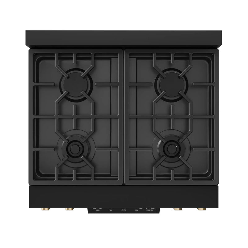 Gordon Ramsay by Thor Kitchen 3-Piece Appliance Package - 30-Inch Gas Range with Liquid Propane Kit, Tilt Panel, 36-Inch Refrigerator, and Dishwasher in Black with Bronze Trim