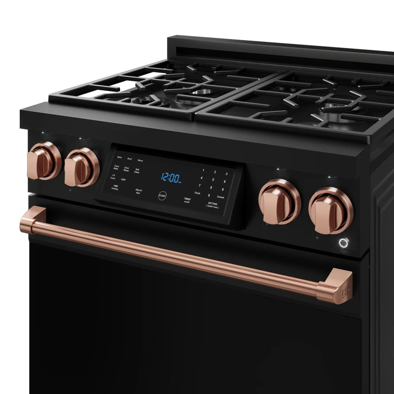 Gordon Ramsay by Thor Kitchen 3-Piece Appliance Package - 30-Inch Gas Range with Liquid Propane Kit, Tilt Panel, 36-Inch Refrigerator, and Dishwasher in Black with Rose Gold Trim