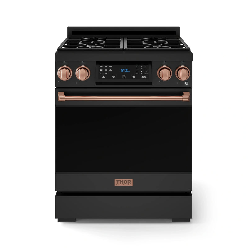 Gordon Ramsay by Thor Kitchen 3-Piece Appliance Package - 30-Inch Gas Range with Liquid Propane Kit, Tilt Panel, 36-Inch Refrigerator, and Dishwasher in Black with Rose Gold Trim