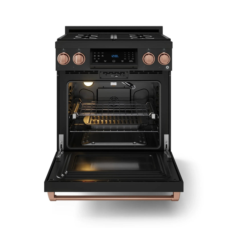 Gordon Ramsay by Thor Kitchen 3-Piece Appliance Package - 30-Inch Gas Range with Liquid Propane Kit, Tilt Panel, 36-Inch Refrigerator, and Dishwasher in Black with Rose Gold Trim