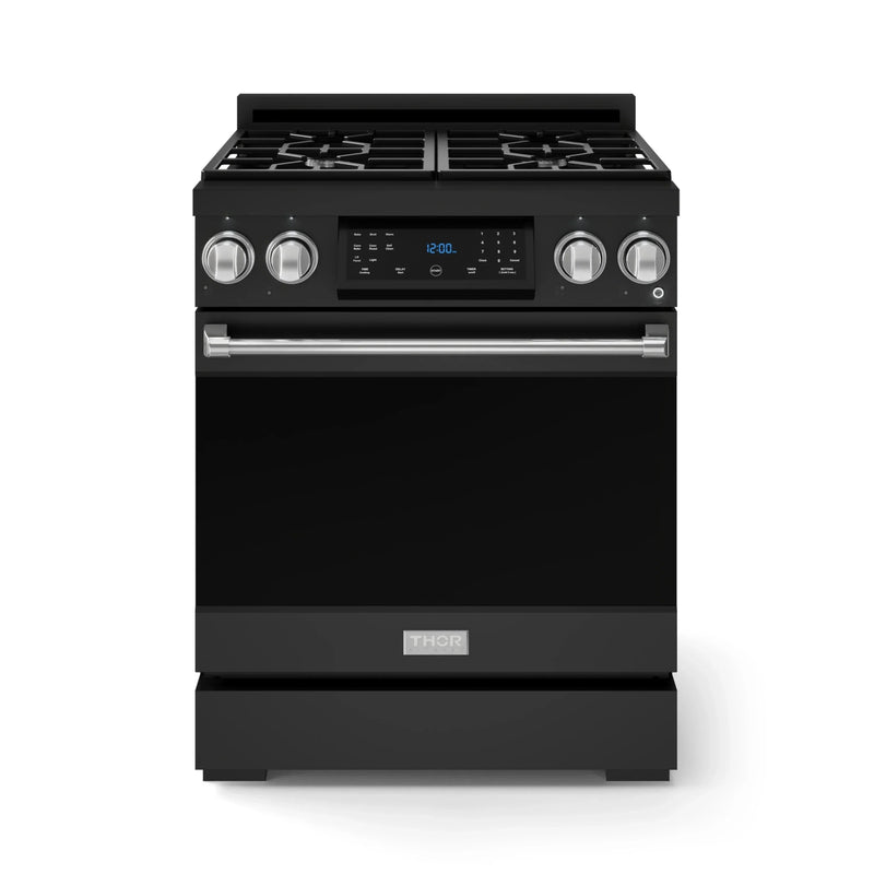 Gordon Ramsay by Thor Kitchen 3-Piece Appliance Package - 30-Inch Gas Range with Liquid Propane Kit, Tilt Panel, 36-Inch Refrigerator, and Dishwasher in Black with Stainless Steel Trim