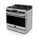 Gordon Ramsay by Thor Kitchen 3-Piece Appliance Package - 36-Inch Gas Range with Liquid Propane Kit, Tilt Panel, 36-Inch Refrigerator, and Dishwasher in Stainless Steel with Black Trim