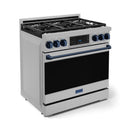 Gordon Ramsay by Thor Kitchen 3-Piece Appliance Package - 36-Inch Gas Range with Liquid Propane Kit, Tilt Panel, 36-Inch Refrigerator, and Dishwasher in Stainless Steel with Blue Trim
