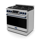 Gordon Ramsay by Thor Kitchen 3-Piece Appliance Package - 36-Inch Gas Range with Liquid Propane Kit, Tilt Panel, 36-Inch Refrigerator, and Dishwasher in Stainless Steel with Blue Trim