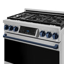 Gordon Ramsay by Thor Kitchen 3-Piece Appliance Package - 36-Inch Gas Range with Liquid Propane Kit, Tilt Panel, 36-Inch Refrigerator, and Dishwasher in Stainless Steel with Blue Trim