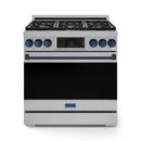Gordon Ramsay by Thor Kitchen 3-Piece Appliance Package - 36-Inch Gas Range with Liquid Propane Kit, Tilt Panel, 36-Inch Refrigerator, and Dishwasher in Stainless Steel with Blue Trim