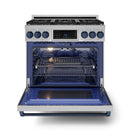 Gordon Ramsay by Thor Kitchen 3-Piece Appliance Package - 36-Inch Gas Range with Liquid Propane Kit, Tilt Panel, 36-Inch Refrigerator, and Dishwasher in Stainless Steel with Blue Trim