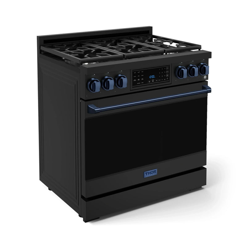 Gordon Ramsay by Thor Kitchen 3-Piece Appliance Package - 36-Inch Gas Range with Liquid Propane Kit, Tilt Panel, 36-Inch Refrigerator, and Dishwasher in Black with Blue Trim