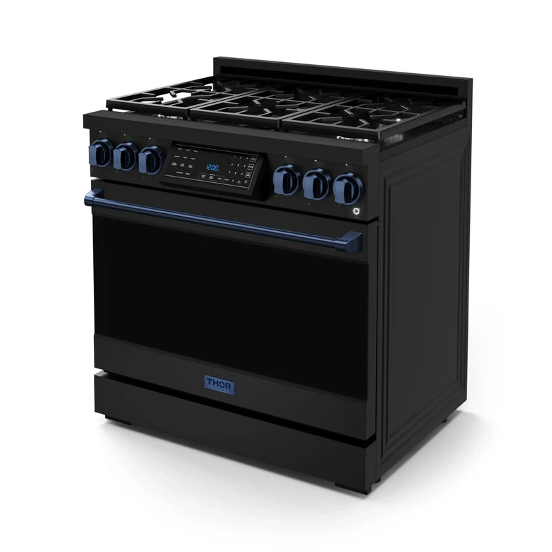 Gordon Ramsay by Thor Kitchen 3-Piece Appliance Package - 36-Inch Gas Range with Liquid Propane Kit, Tilt Panel, 36-Inch Refrigerator, and Dishwasher in Black with Blue Trim