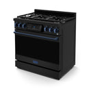 Gordon Ramsay by Thor Kitchen 3-Piece Appliance Package - 36-Inch Gas Range with Tilt Panel, 36-Inch Refrigerator, and Dishwasher in Black with Blue Trim