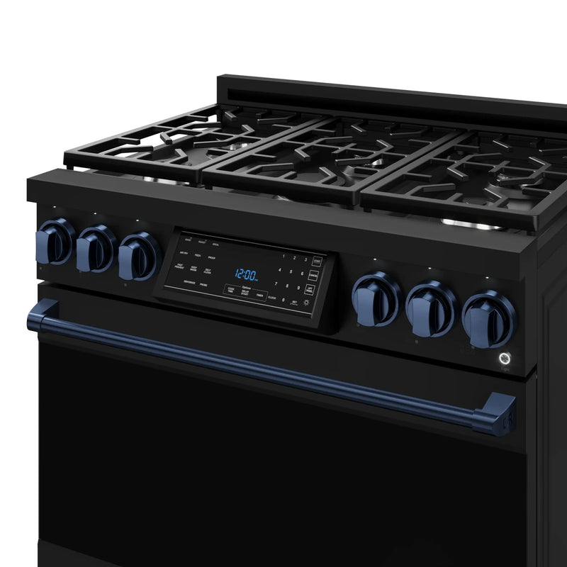 Gordon Ramsay by Thor Kitchen 3-Piece Appliance Package - 36-Inch Gas Range with Liquid Propane Kit, Tilt Panel, 36-Inch Refrigerator, and Dishwasher in Black with Blue Trim