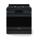 Gordon Ramsay by Thor Kitchen 3-Piece Appliance Package - 36-Inch Gas Range with Liquid Propane Kit, Tilt Panel, 36-Inch Refrigerator, and Dishwasher in Black with Blue Trim