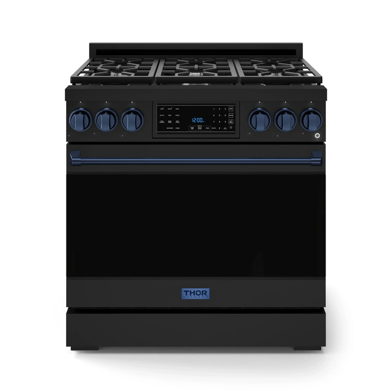 Gordon Ramsay by Thor Kitchen 3-Piece Appliance Package - 36-Inch Gas Range with Liquid Propane Kit, Tilt Panel, 36-Inch Refrigerator, and Dishwasher in Black with Blue Trim