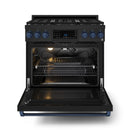 Gordon Ramsay by Thor Kitchen 3-Piece Appliance Package - 36-Inch Gas Range with Liquid Propane Kit, Tilt Panel, 36-Inch Refrigerator, and Dishwasher in Black with Blue Trim