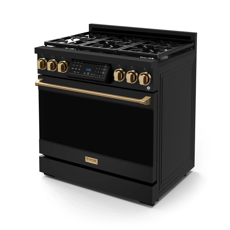 Gordon Ramsay by Thor Kitchen 3-Piece Appliance Package - 36-Inch Gas Range with Liquid Propane Kit, Tilt Panel, 36-Inch Refrigerator, and Dishwasher in Black with Bronze Trim