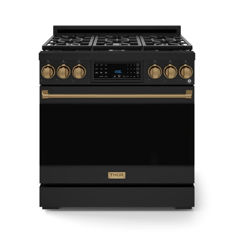 Gordon Ramsay by Thor Kitchen 3-Piece Appliance Package - 36-Inch Gas Range with Liquid Propane Kit, Tilt Panel, 36-Inch Refrigerator, and Dishwasher in Black with Bronze Trim