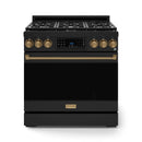 Gordon Ramsay by Thor Kitchen 3-Piece Appliance Package - 36-Inch Gas Range with Tilt Panel, 36-Inch Refrigerator, and Dishwasher in Black with Bronze Trim
