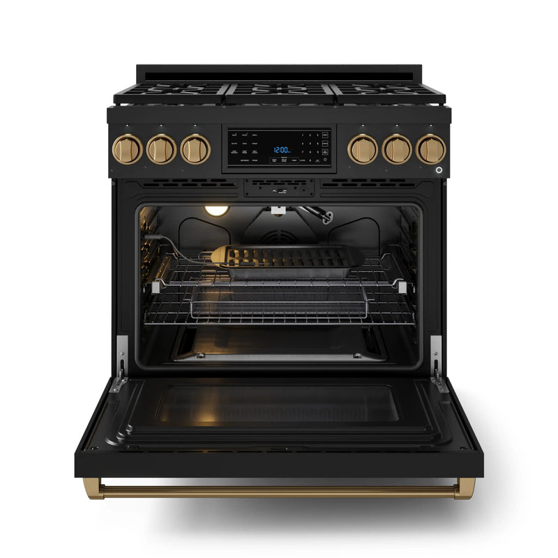 Gordon Ramsay by Thor Kitchen 36-Inch Professional Gas Range with Liquid Propane Kit, and Tilt Panel Touch Control and 6.0 Cu. Ft. Self Clean Oven in Black with Bronze Trim (RSG36B-BRZ-LP)